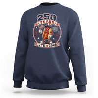 250 Years 1776 to 2026 Cartoon Hot Dog Sweatshirt Funny Uncle Sam Top Hat Waving American Flag Semiquincentennial