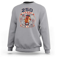 250 Years 1776 to 2026 Cartoon Hot Dog Sweatshirt Funny Uncle Sam Top Hat Waving American Flag Semiquincentennial