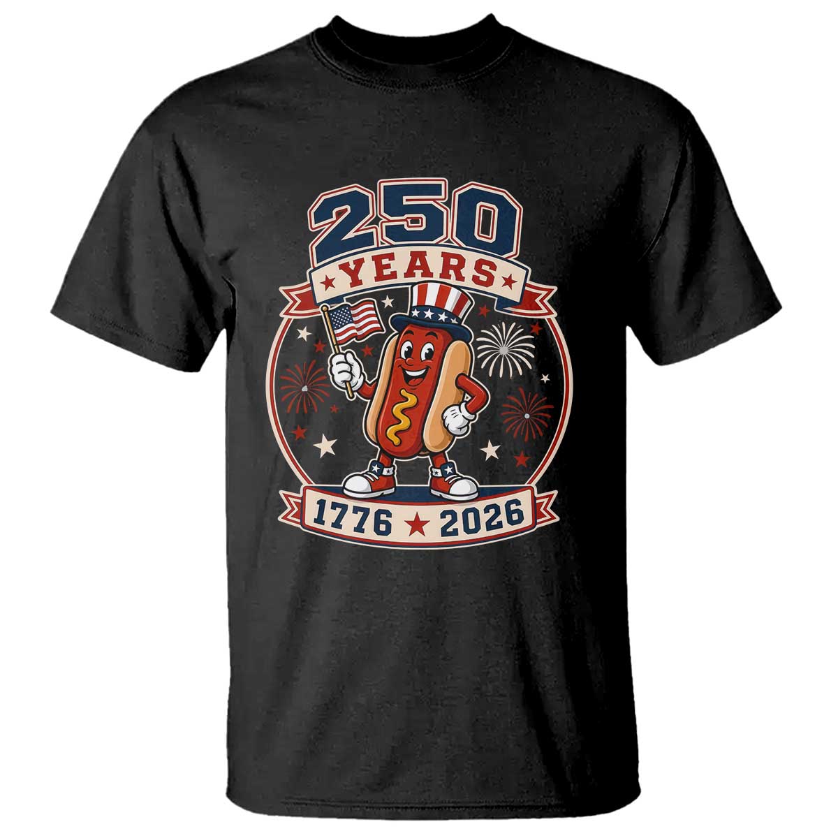 250 Years 1776 to 2026 Cartoon Hot Dog T Shirt Funny Uncle Sam Top Hat Waving American Flag Semiquincentennial