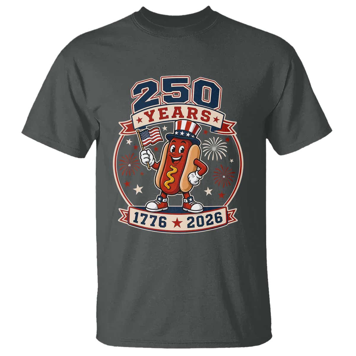 250 Years 1776 to 2026 Cartoon Hot Dog T Shirt Funny Uncle Sam Top Hat Waving American Flag Semiquincentennial