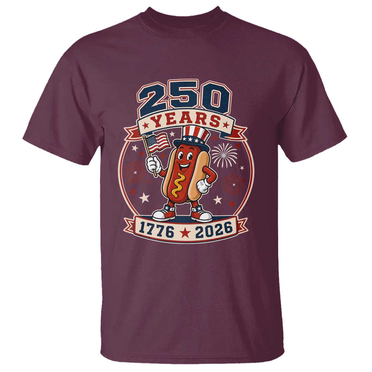250 Years 1776 to 2026 Cartoon Hot Dog T Shirt Funny Uncle Sam Top Hat Waving American Flag Semiquincentennial