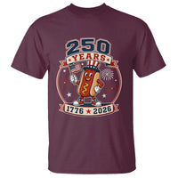 250 Years 1776 to 2026 Cartoon Hot Dog T Shirt Funny Uncle Sam Top Hat Waving American Flag Semiquincentennial