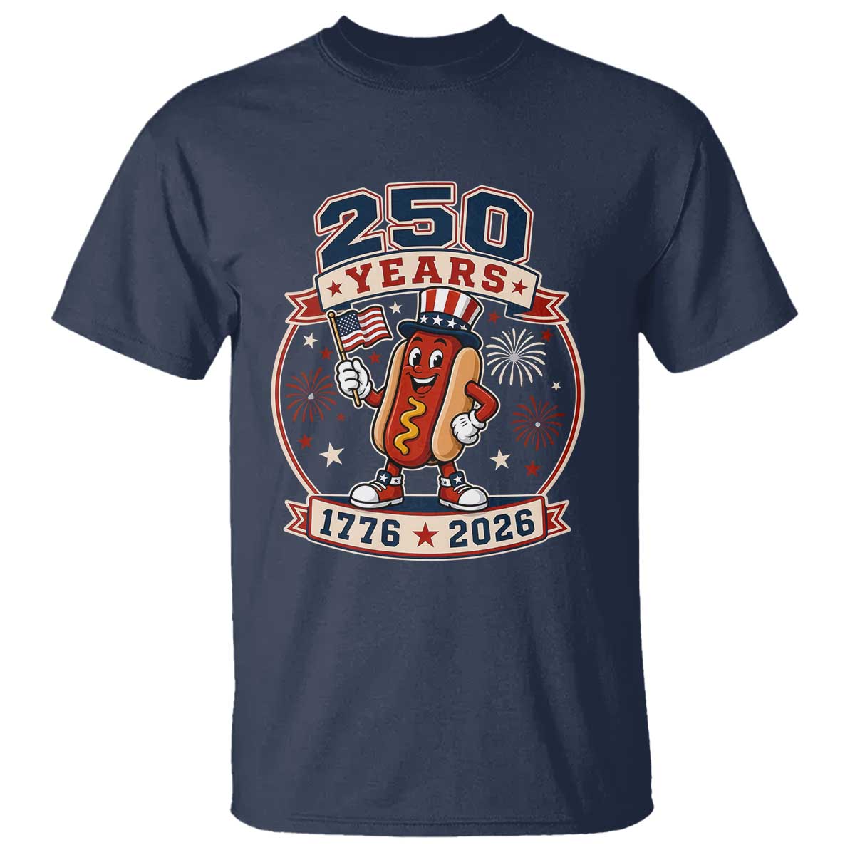 250 Years 1776 to 2026 Cartoon Hot Dog T Shirt Funny Uncle Sam Top Hat Waving American Flag Semiquincentennial
