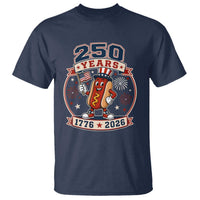 250 Years 1776 to 2026 Cartoon Hot Dog T Shirt Funny Uncle Sam Top Hat Waving American Flag Semiquincentennial
