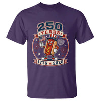250 Years 1776 to 2026 Cartoon Hot Dog T Shirt Funny Uncle Sam Top Hat Waving American Flag Semiquincentennial
