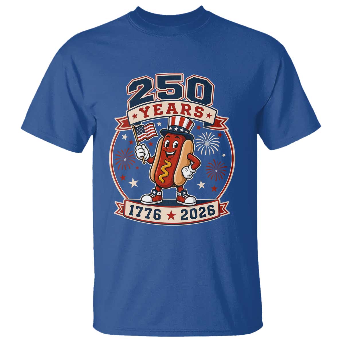 250 Years 1776 to 2026 Cartoon Hot Dog T Shirt Funny Uncle Sam Top Hat Waving American Flag Semiquincentennial