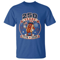 250 Years 1776 to 2026 Cartoon Hot Dog T Shirt Funny Uncle Sam Top Hat Waving American Flag Semiquincentennial