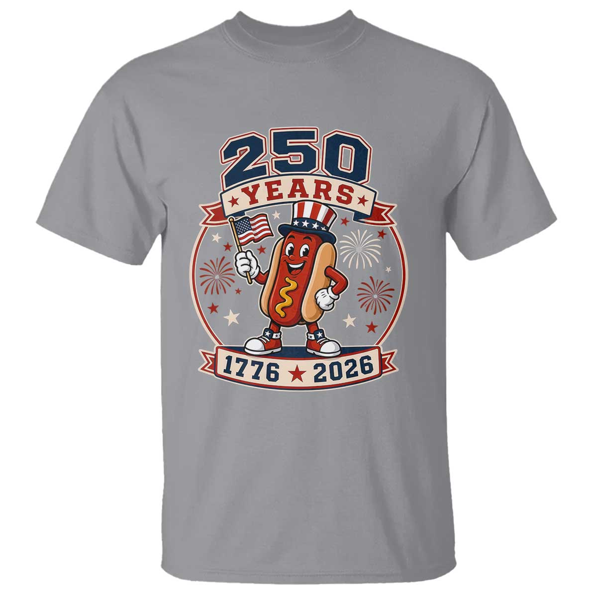 250 Years 1776 to 2026 Cartoon Hot Dog T Shirt Funny Uncle Sam Top Hat Waving American Flag Semiquincentennial