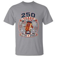 250 Years 1776 to 2026 Cartoon Hot Dog T Shirt Funny Uncle Sam Top Hat Waving American Flag Semiquincentennial