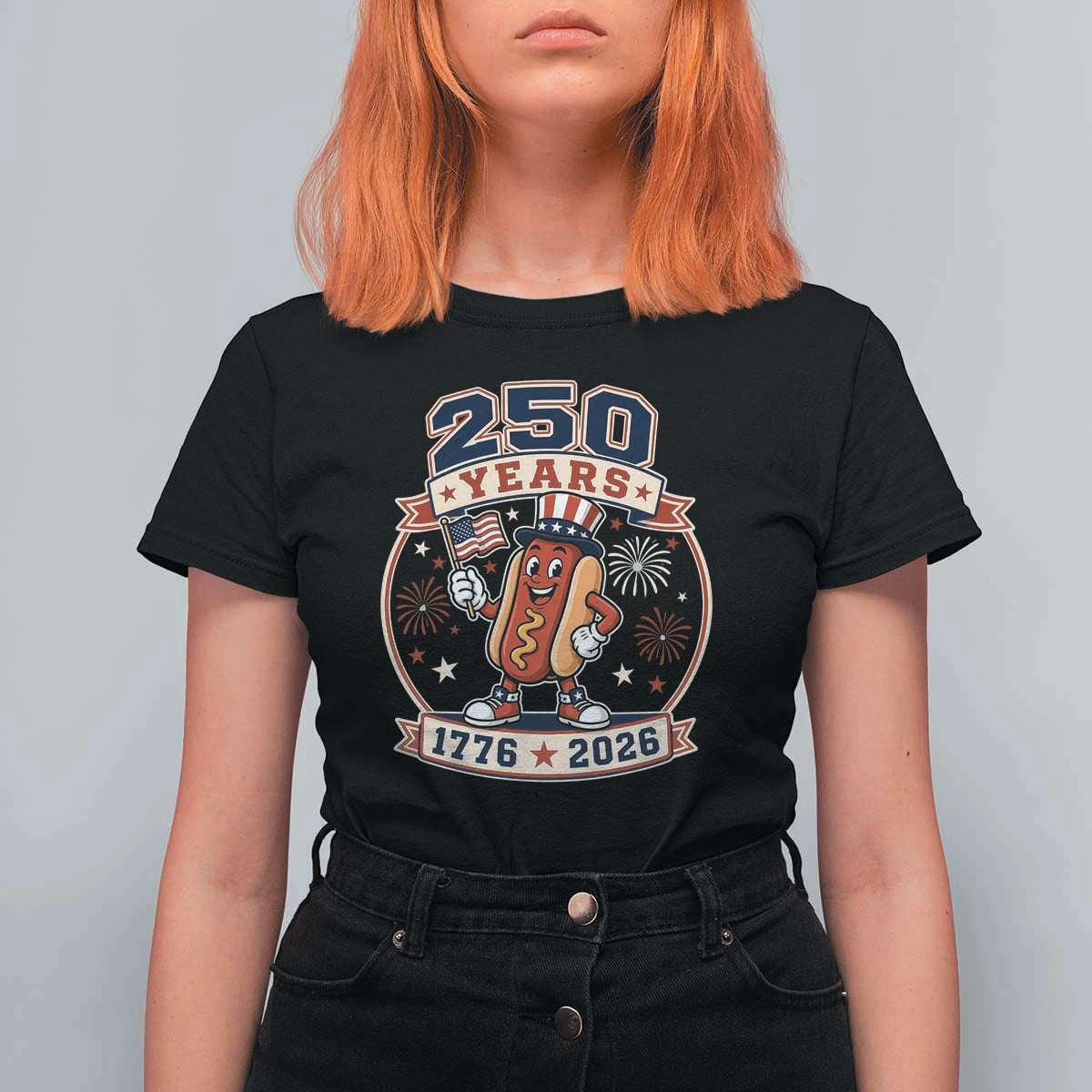 250 Years 1776 to 2026 Cartoon Hot Dog T Shirt For Women Funny Uncle Sam Top Hat Waving American Flag Semiquincentennial