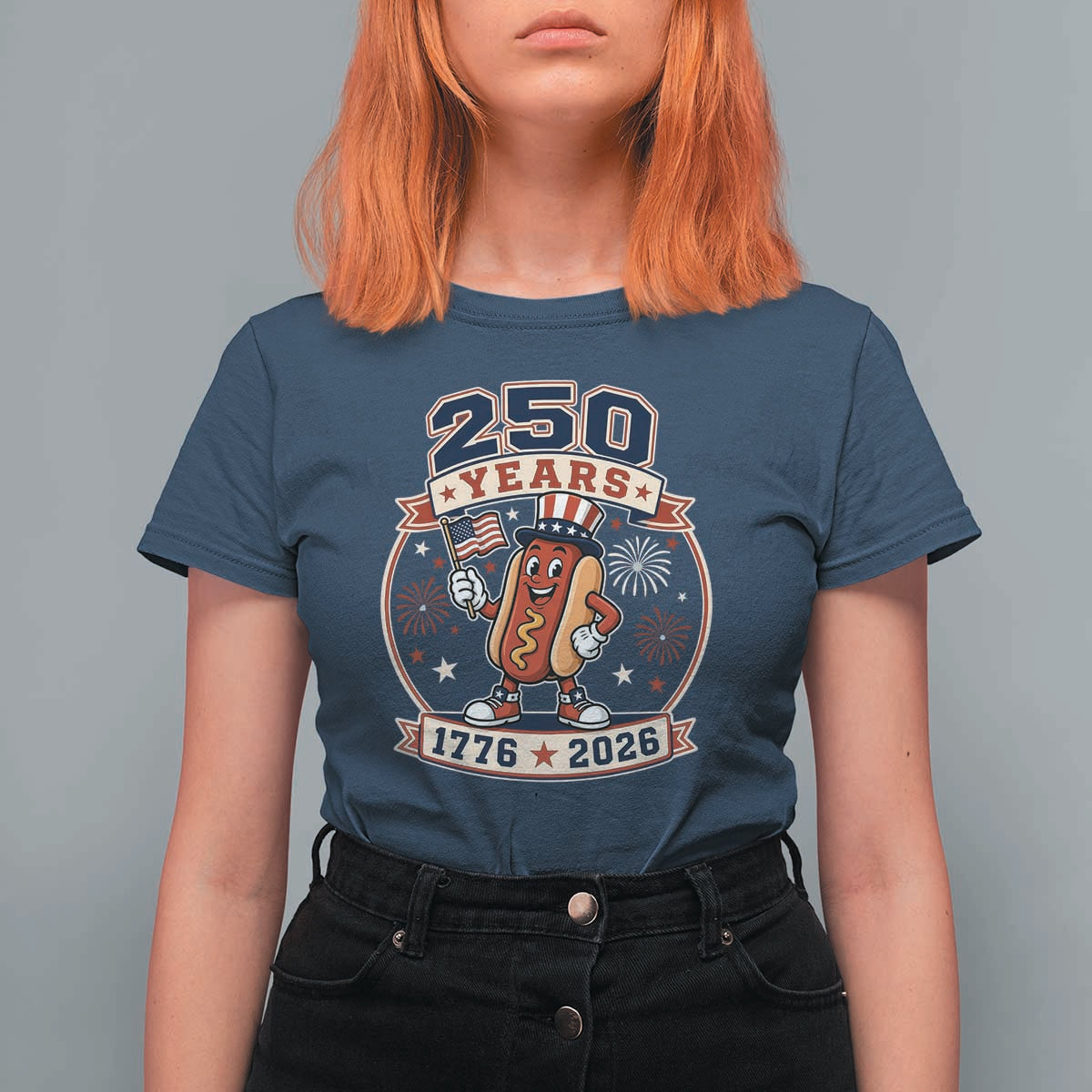 250 Years 1776 to 2026 Cartoon Hot Dog T Shirt For Women Funny Uncle Sam Top Hat Waving American Flag Semiquincentennial