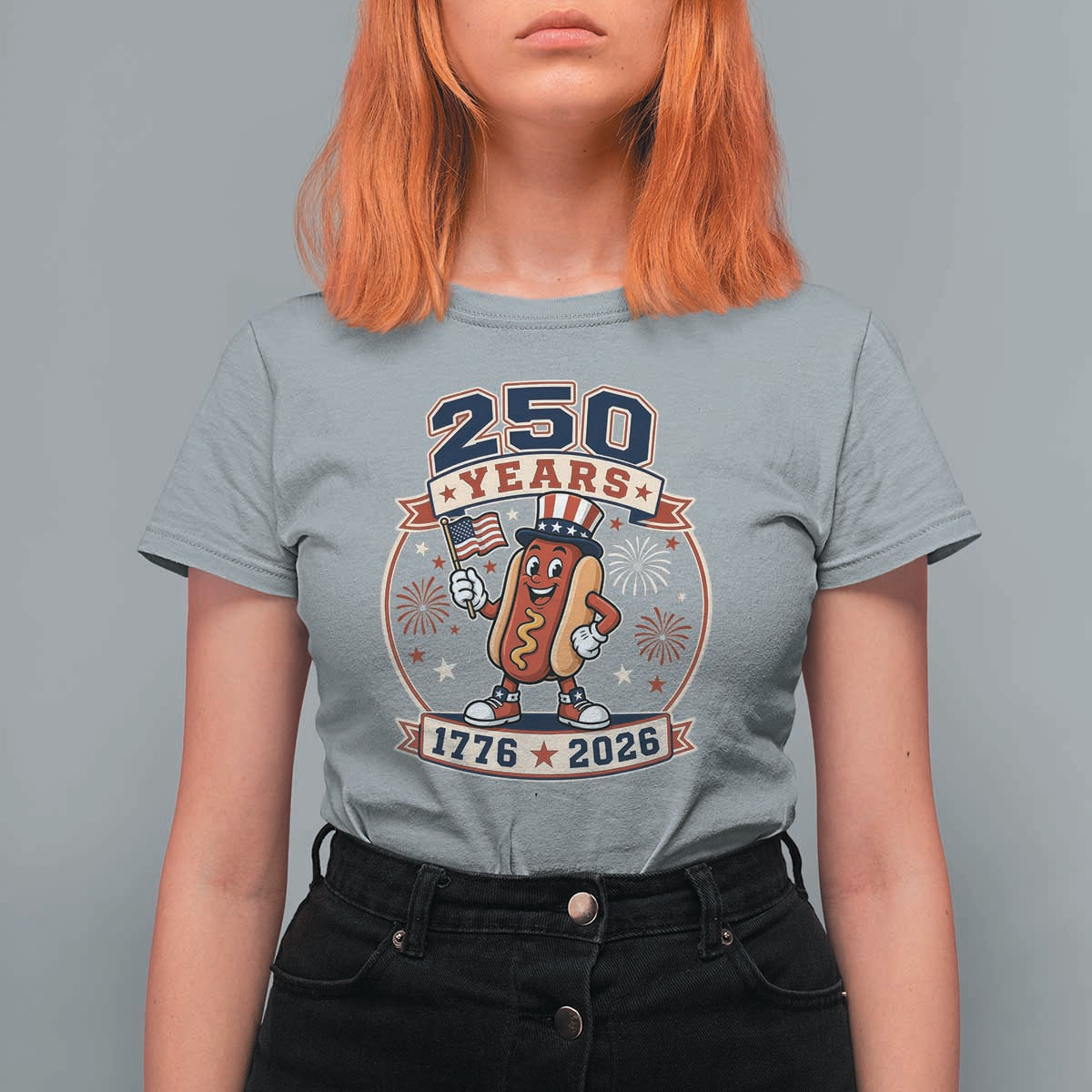 250 Years 1776 to 2026 Cartoon Hot Dog T Shirt For Women Funny Uncle Sam Top Hat Waving American Flag Semiquincentennial