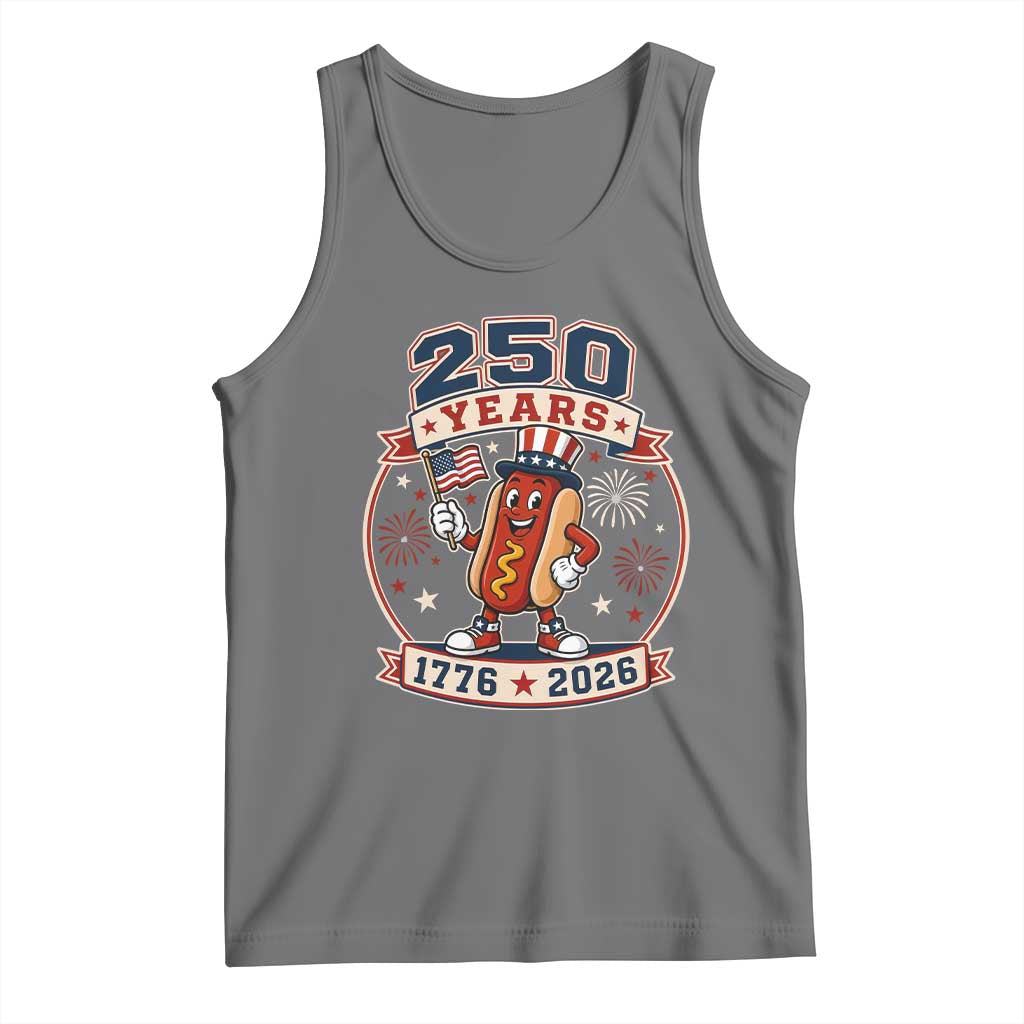 250 Years 1776 to 2026 Cartoon Hot Dog Tank Top Funny Uncle Sam Top Hat Waving American Flag Semiquincentennial