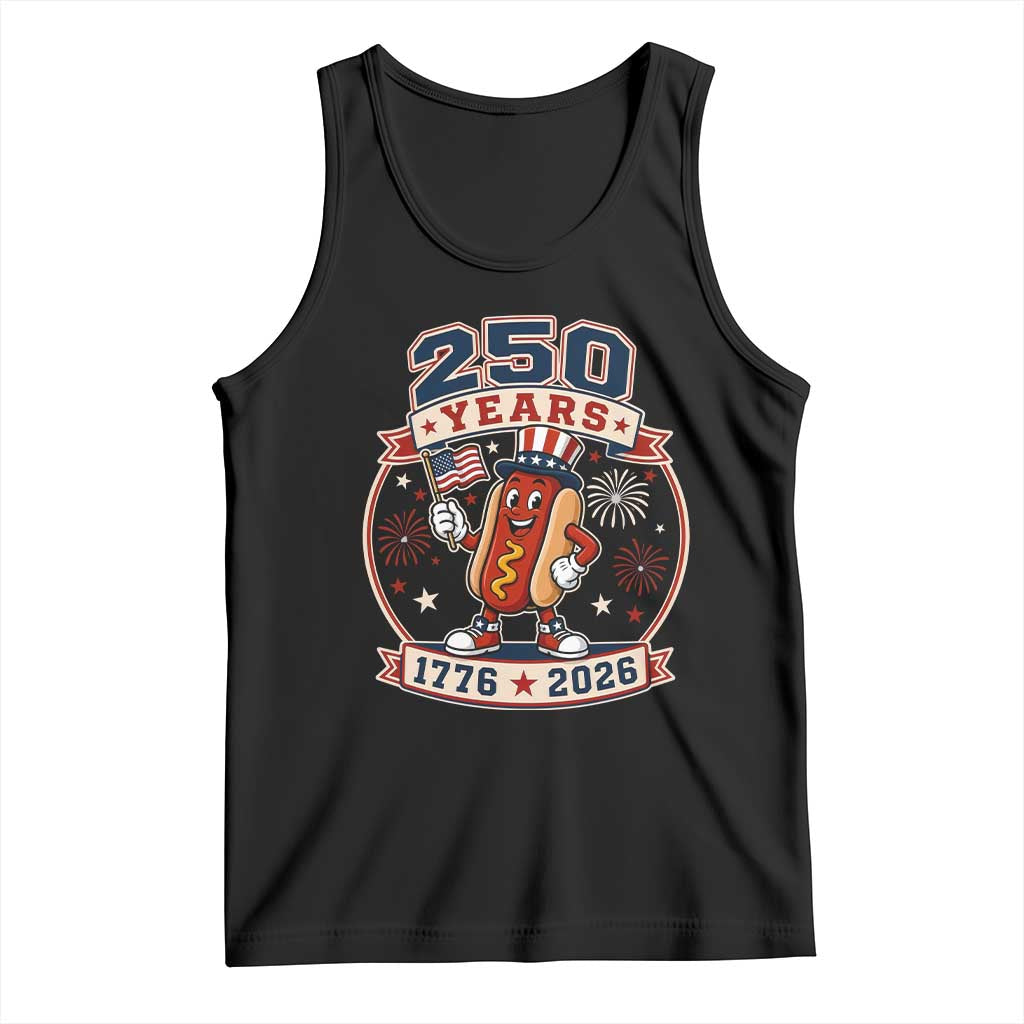 250 Years 1776 to 2026 Cartoon Hot Dog Tank Top Funny Uncle Sam Top Hat Waving American Flag Semiquincentennial