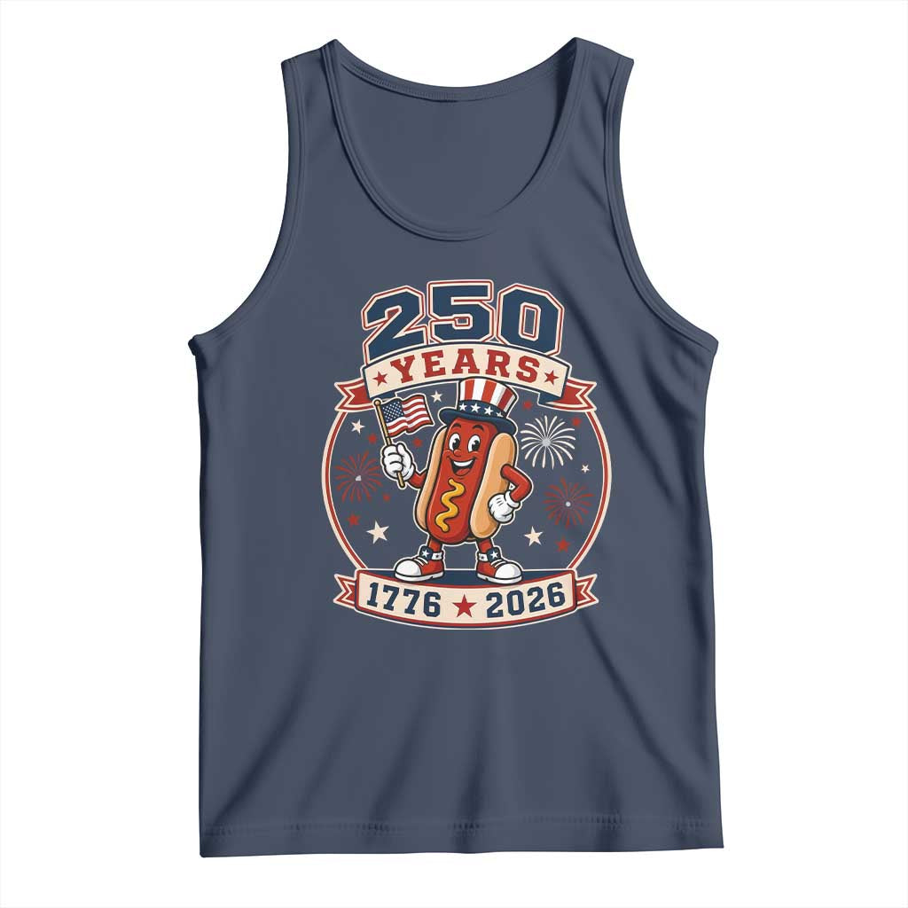 250 Years 1776 to 2026 Cartoon Hot Dog Tank Top Funny Uncle Sam Top Hat Waving American Flag Semiquincentennial