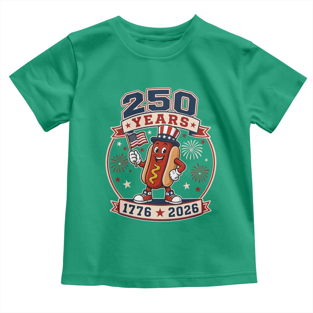 250 Years 1776 to 2026 Cartoon Hot Dog Toddler T Shirt Funny Uncle Sam Top Hat Waving American Flag Semiquincentennial