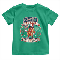 250 Years 1776 to 2026 Cartoon Hot Dog Toddler T Shirt Funny Uncle Sam Top Hat Waving American Flag Semiquincentennial