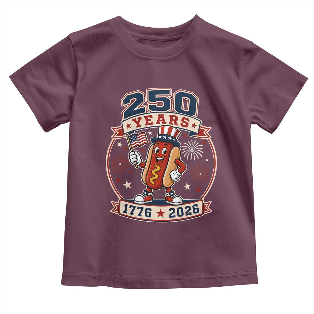 250 Years 1776 to 2026 Cartoon Hot Dog Toddler T Shirt Funny Uncle Sam Top Hat Waving American Flag Semiquincentennial