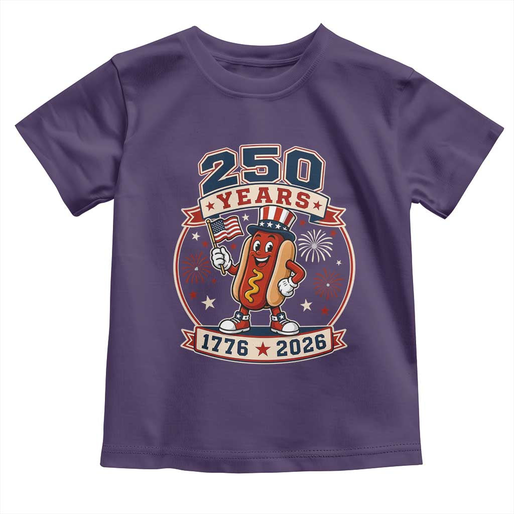 250 Years 1776 to 2026 Cartoon Hot Dog Toddler T Shirt Funny Uncle Sam Top Hat Waving American Flag Semiquincentennial