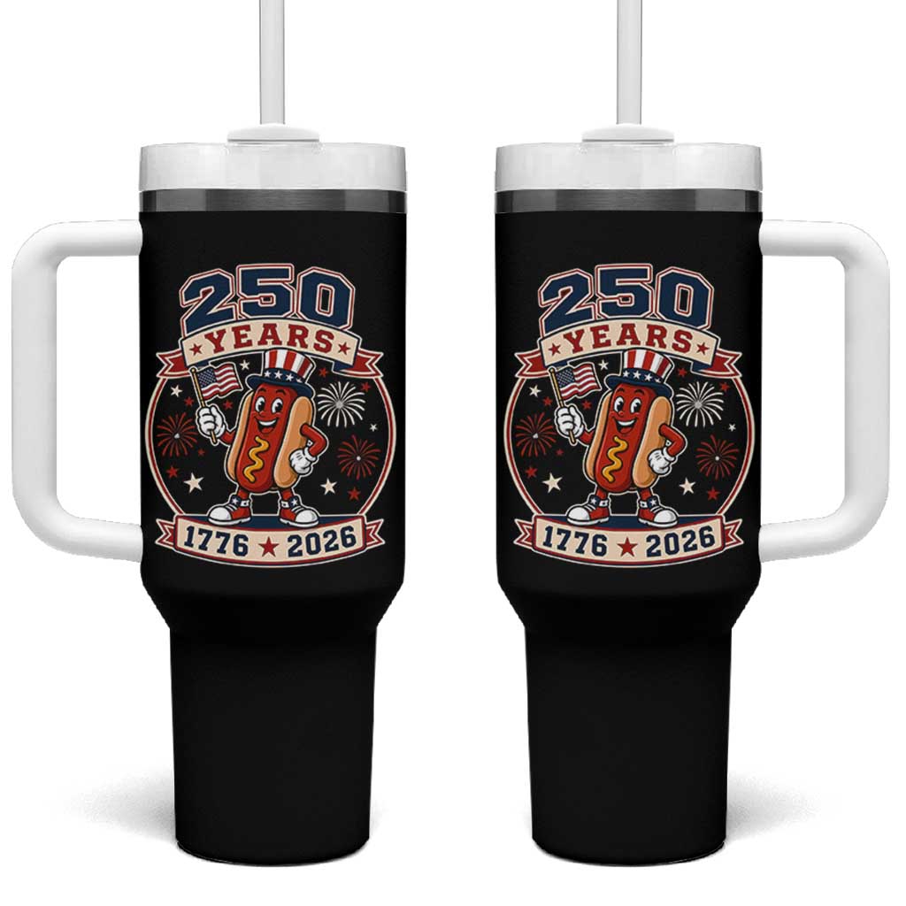 250 Years 1776 to 2026 Cartoon Hot Dog Tumbler With Handle Funny Uncle Sam Top Hat Waving American Flag Semiquincentennial