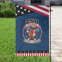 250 Years 1776 to 2026 Cartoon Hot Dog Patriotic Garden Flag Funny Uncle Sam Top Hat Waving American Flag Semiquincentennial