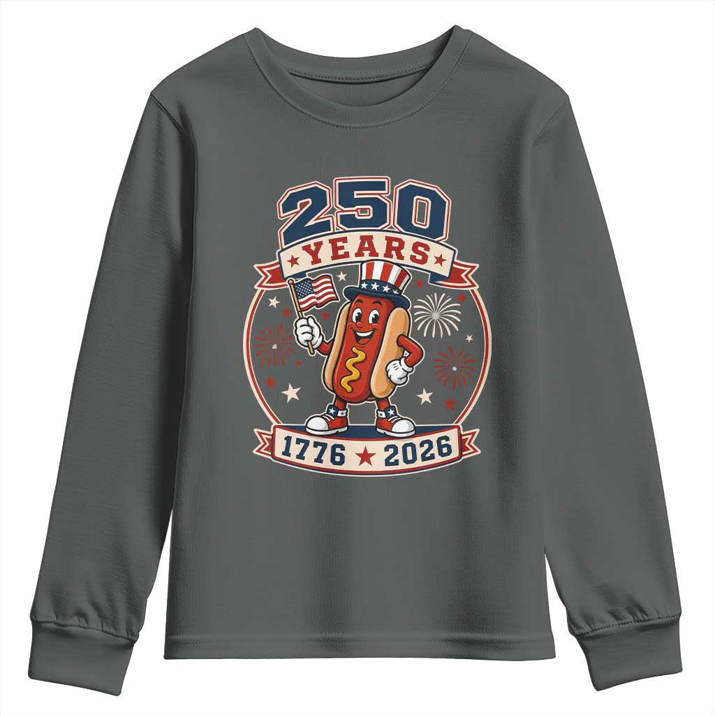 250 Years 1776 to 2026 Cartoon Hot Dog Youth Sweatshirt Funny Uncle Sam Top Hat Waving American Flag Semiquincentennial