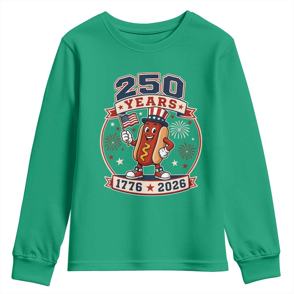 250 Years 1776 to 2026 Cartoon Hot Dog Youth Sweatshirt Funny Uncle Sam Top Hat Waving American Flag Semiquincentennial