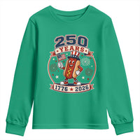 250 Years 1776 to 2026 Cartoon Hot Dog Youth Sweatshirt Funny Uncle Sam Top Hat Waving American Flag Semiquincentennial