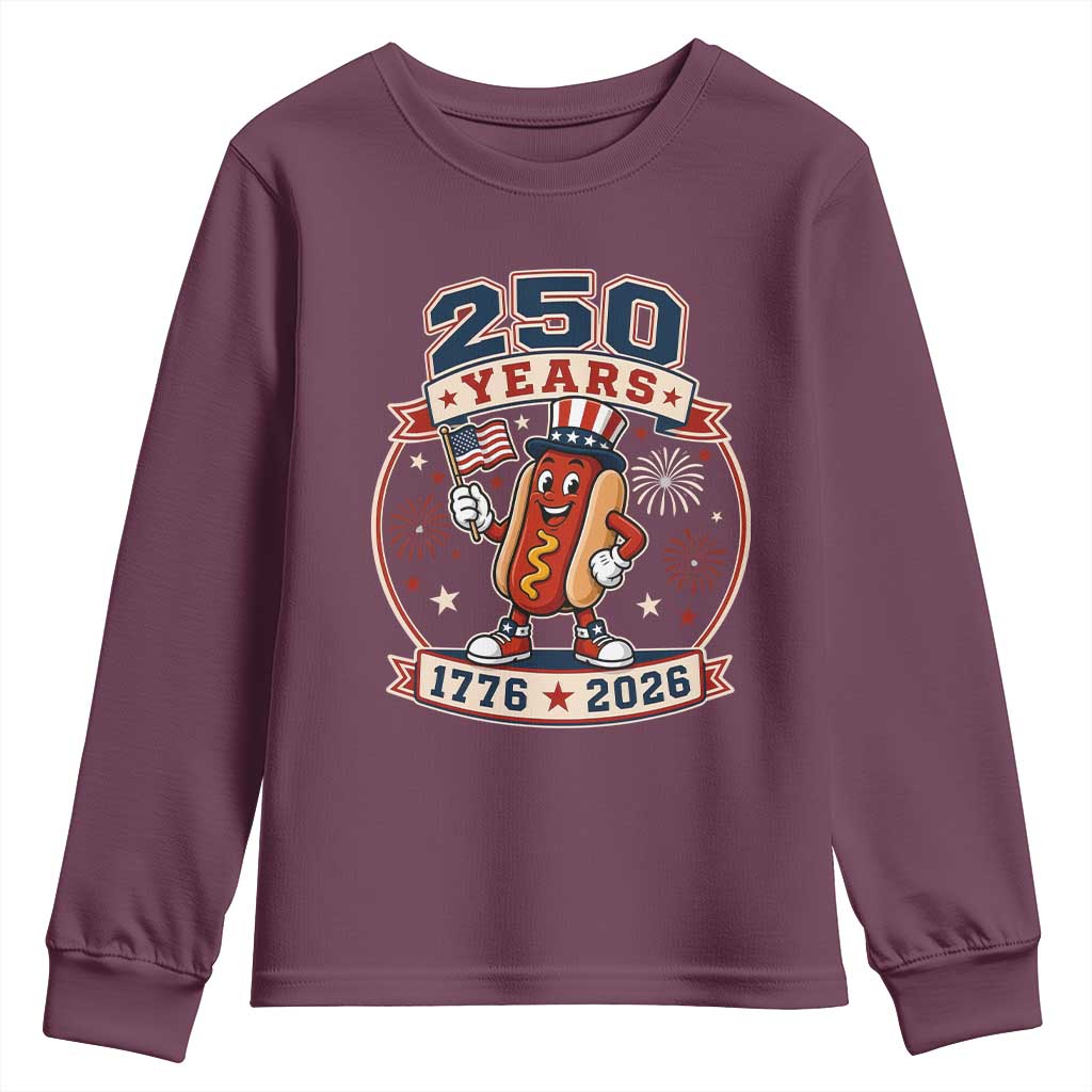 250 Years 1776 to 2026 Cartoon Hot Dog Youth Sweatshirt Funny Uncle Sam Top Hat Waving American Flag Semiquincentennial