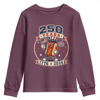 250 Years 1776 to 2026 Cartoon Hot Dog Youth Sweatshirt Funny Uncle Sam Top Hat Waving American Flag Semiquincentennial