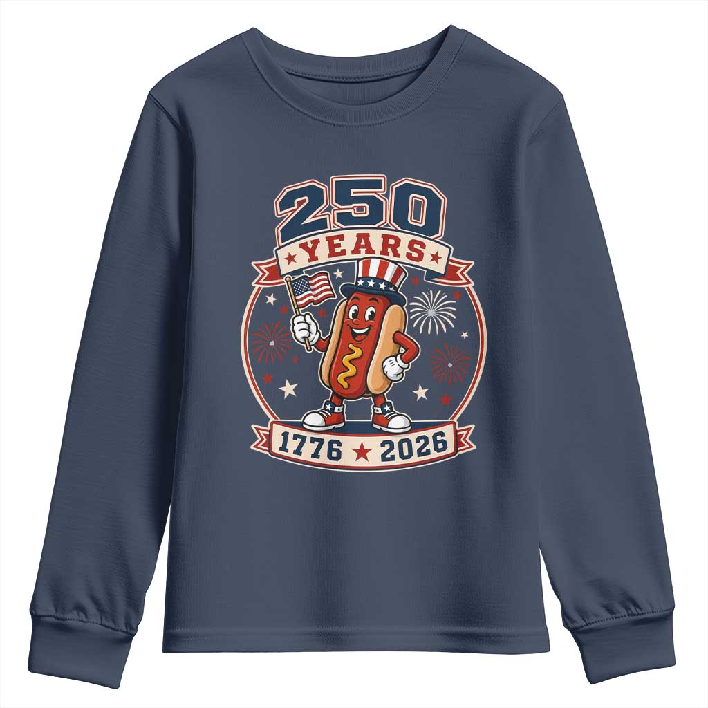 250 Years 1776 to 2026 Cartoon Hot Dog Youth Sweatshirt Funny Uncle Sam Top Hat Waving American Flag Semiquincentennial
