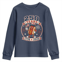 250 Years 1776 to 2026 Cartoon Hot Dog Youth Sweatshirt Funny Uncle Sam Top Hat Waving American Flag Semiquincentennial
