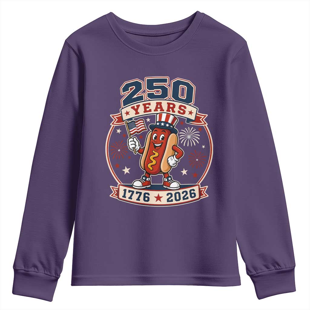 250 Years 1776 to 2026 Cartoon Hot Dog Youth Sweatshirt Funny Uncle Sam Top Hat Waving American Flag Semiquincentennial