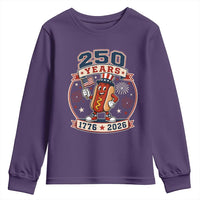 250 Years 1776 to 2026 Cartoon Hot Dog Youth Sweatshirt Funny Uncle Sam Top Hat Waving American Flag Semiquincentennial