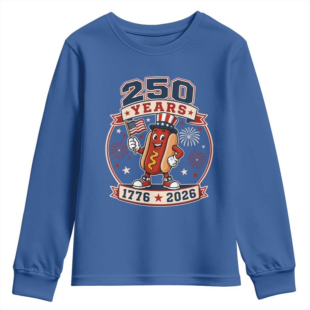 250 Years 1776 to 2026 Cartoon Hot Dog Youth Sweatshirt Funny Uncle Sam Top Hat Waving American Flag Semiquincentennial