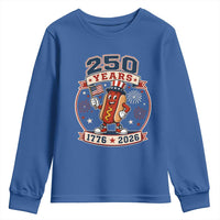 250 Years 1776 to 2026 Cartoon Hot Dog Youth Sweatshirt Funny Uncle Sam Top Hat Waving American Flag Semiquincentennial