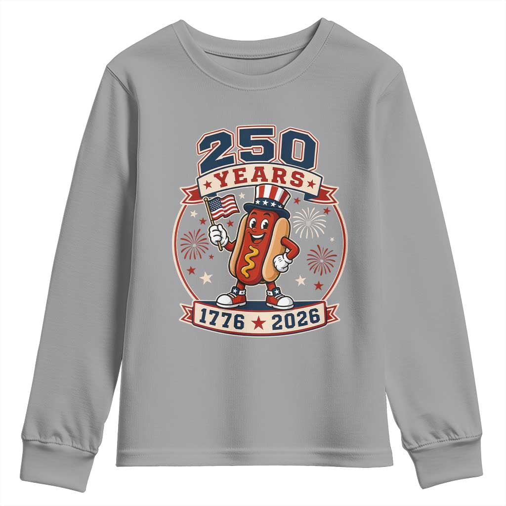 250 Years 1776 to 2026 Cartoon Hot Dog Youth Sweatshirt Funny Uncle Sam Top Hat Waving American Flag Semiquincentennial
