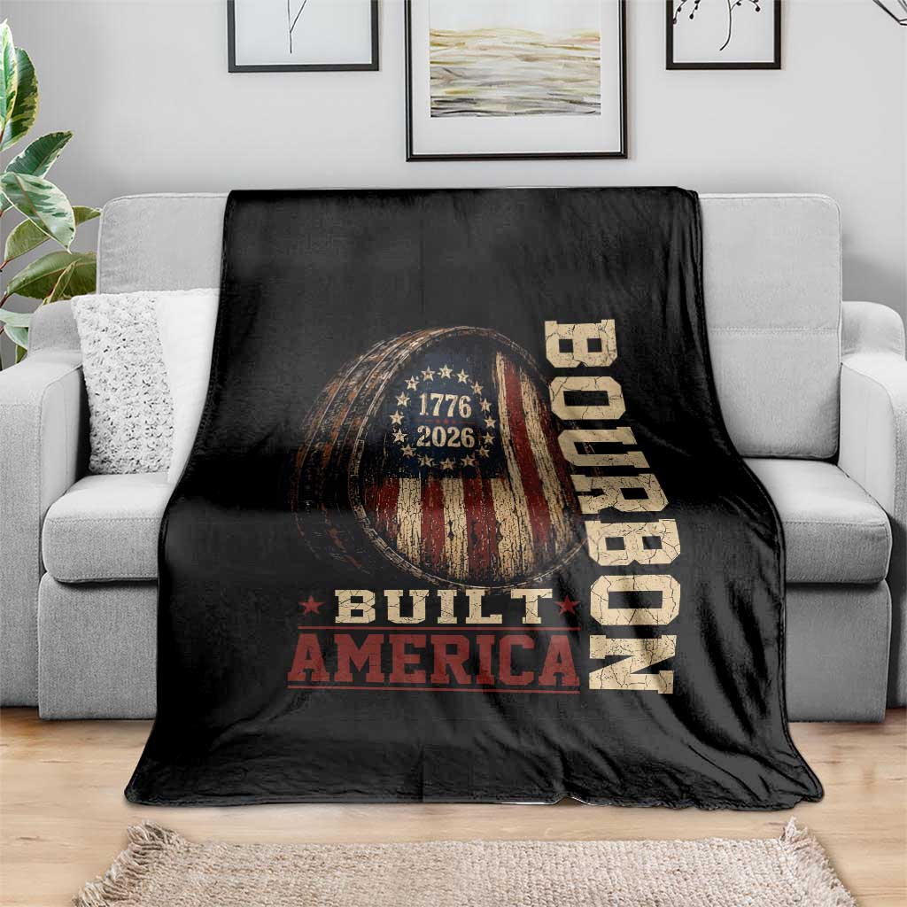 Bourbon Built America Vintage Distressed Graphic Throw Blanket American Flag Whiskey Barrel 1776 to 2026 Semiquincentennial Patriotic