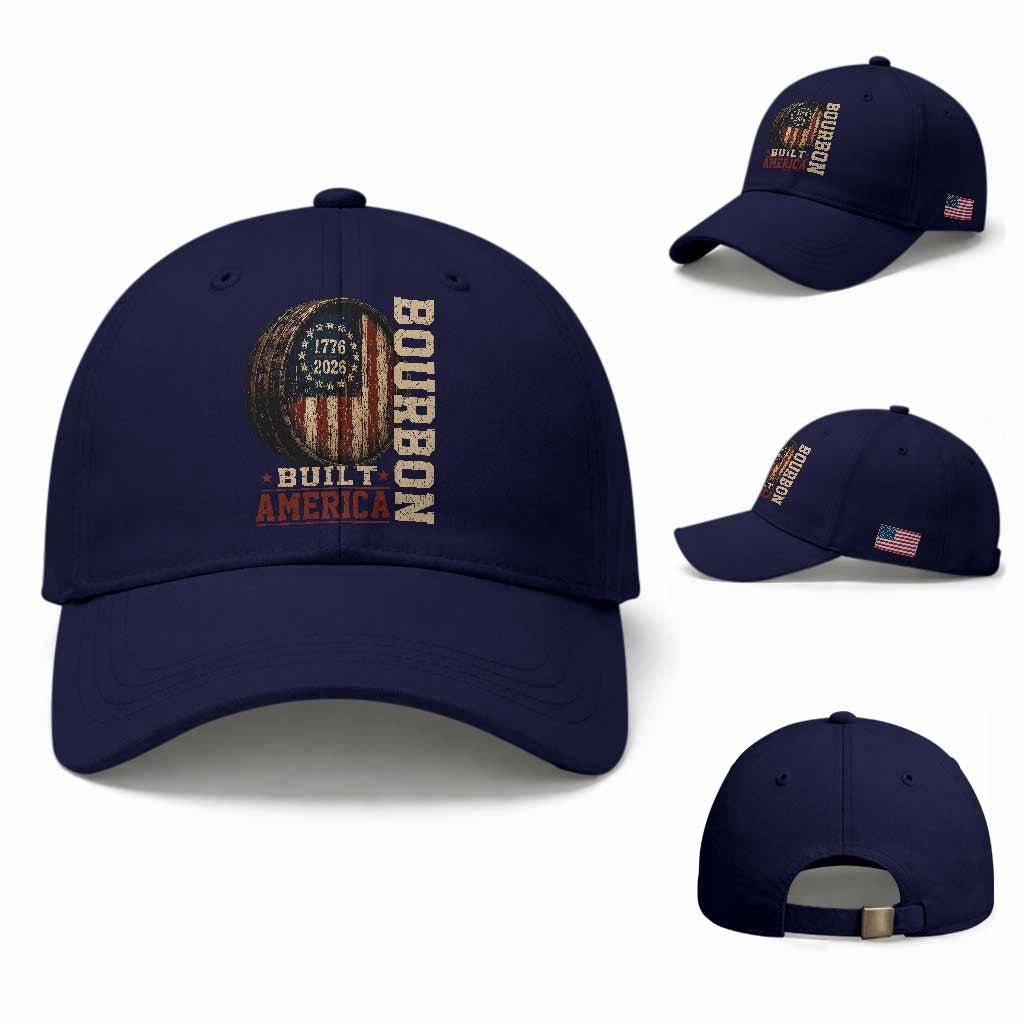 Bourbon Built America Vintage Distressed Graphic Baseball Cap American Flag Whiskey Barrel 1776 to 2026 Semiquincentennial Patriotic