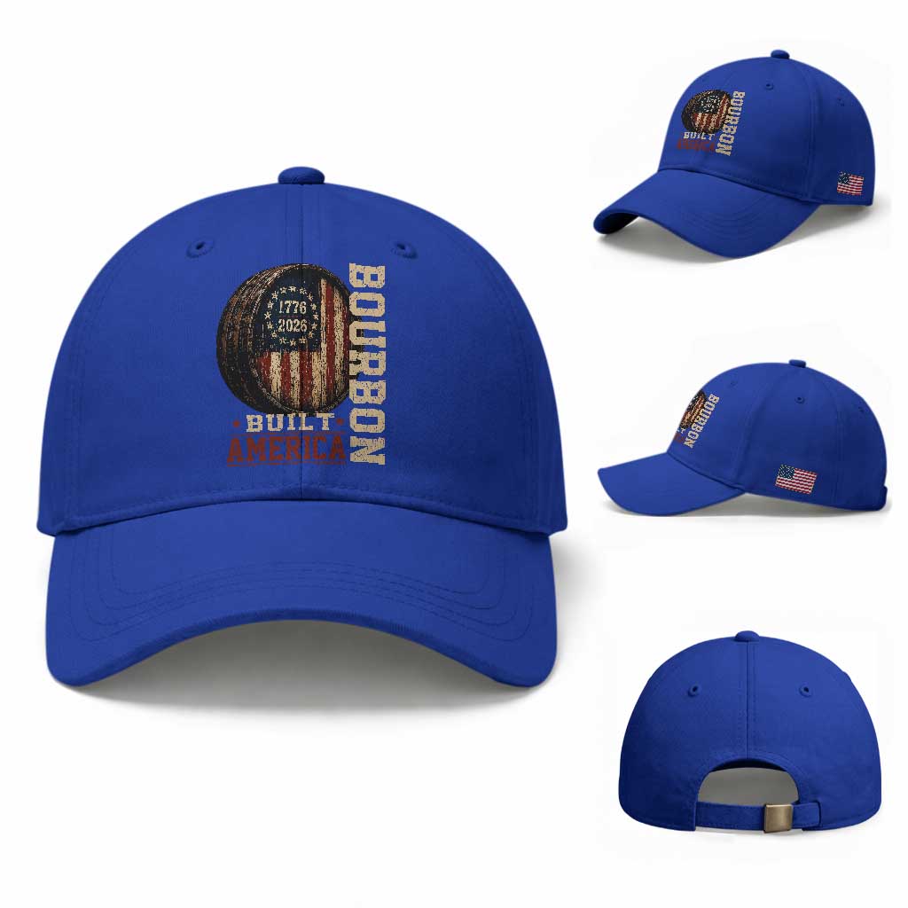 Bourbon Built America Vintage Distressed Graphic Baseball Cap American Flag Whiskey Barrel 1776 to 2026 Semiquincentennial Patriotic