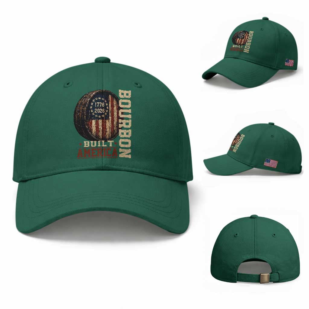 Bourbon Built America Vintage Distressed Graphic Baseball Cap American Flag Whiskey Barrel 1776 to 2026 Semiquincentennial Patriotic