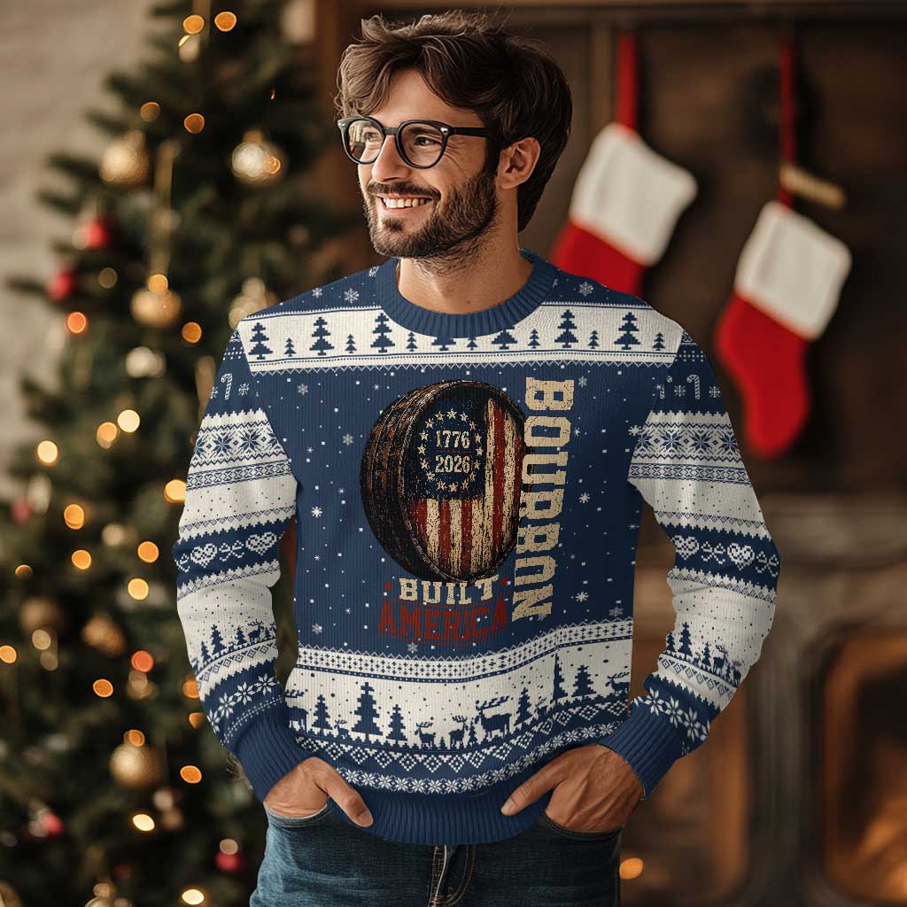 Bourbon Built America Vintage Distressed Graphic Ugly Christmas Sweater American Flag Whiskey Barrel 1776 to 2026 Semiquincentennial Patriotic