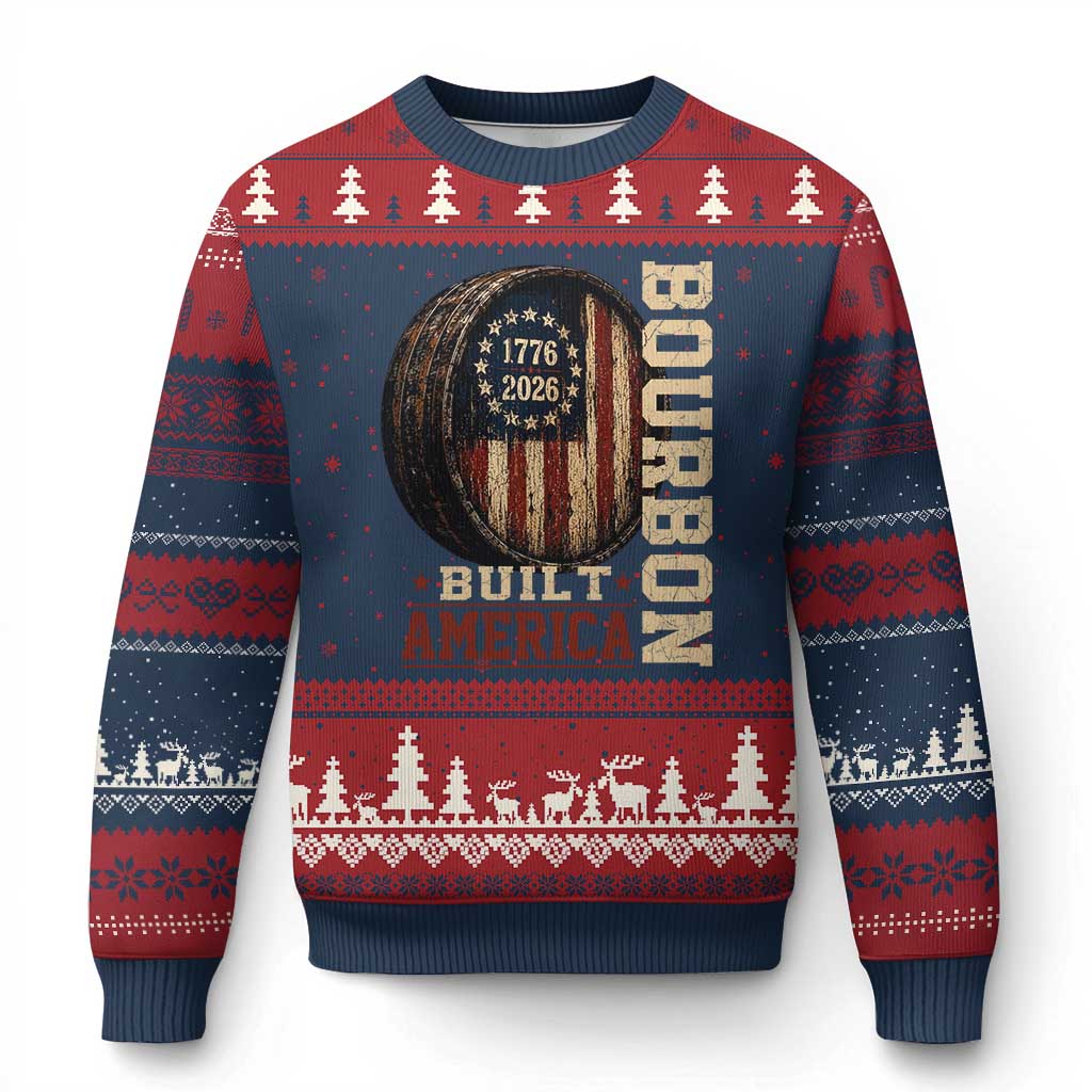 Bourbon Built America Vintage Distressed Graphic Ugly Christmas Sweater American Flag Whiskey Barrel 1776 to 2026 Semiquincentennial Patriotic
