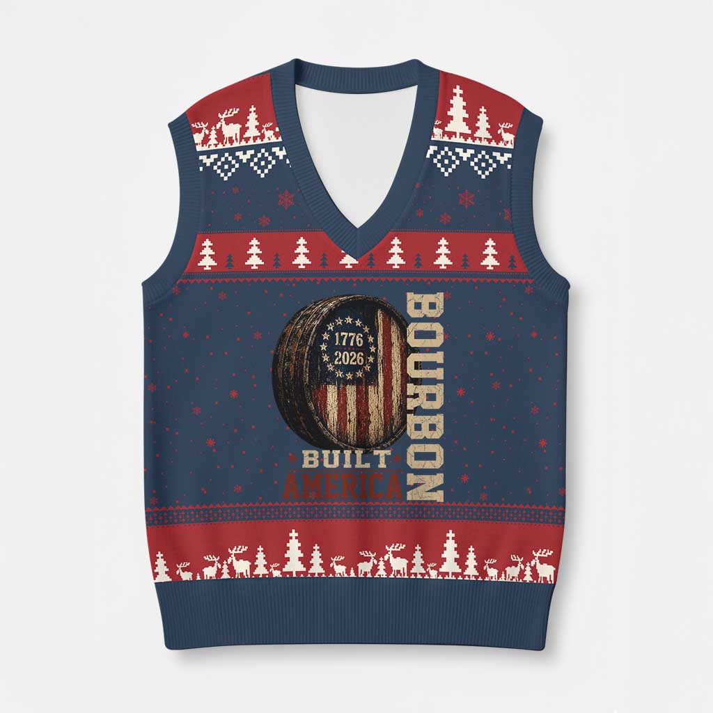 Bourbon Built America Vintage Distressed Graphic V-Neck Knit Sweater Vest American Flag Whiskey Barrel 1776 to 2026 Semiquincentennial Patriotic