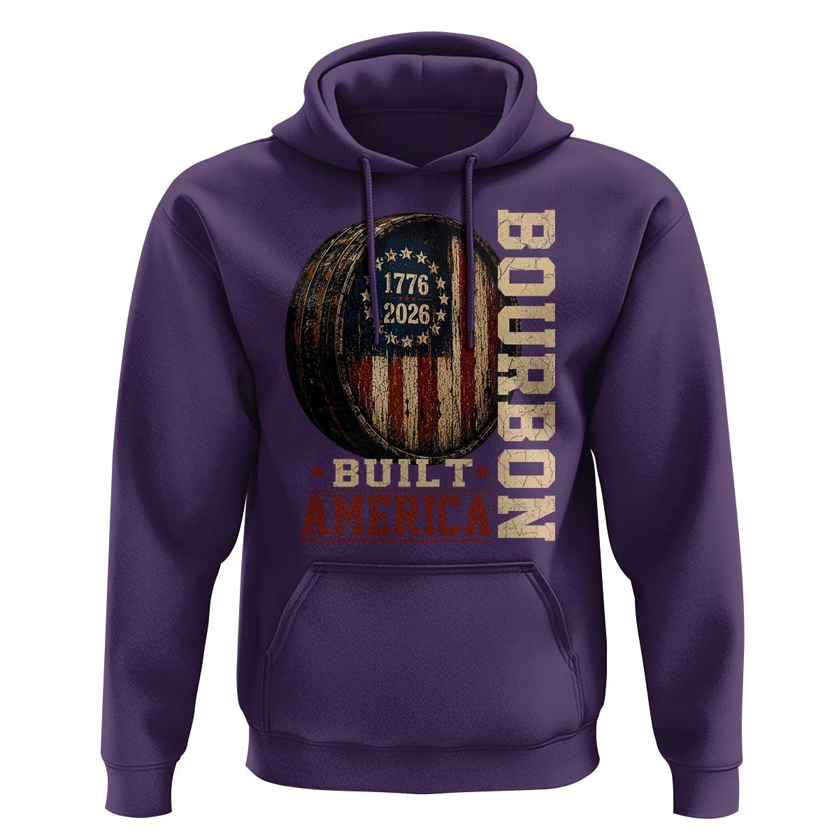 Bourbon Built America Vintage Distressed Graphic Hoodie American Flag Whiskey Barrel 1776 to 2026 Semiquincentennial Patriotic