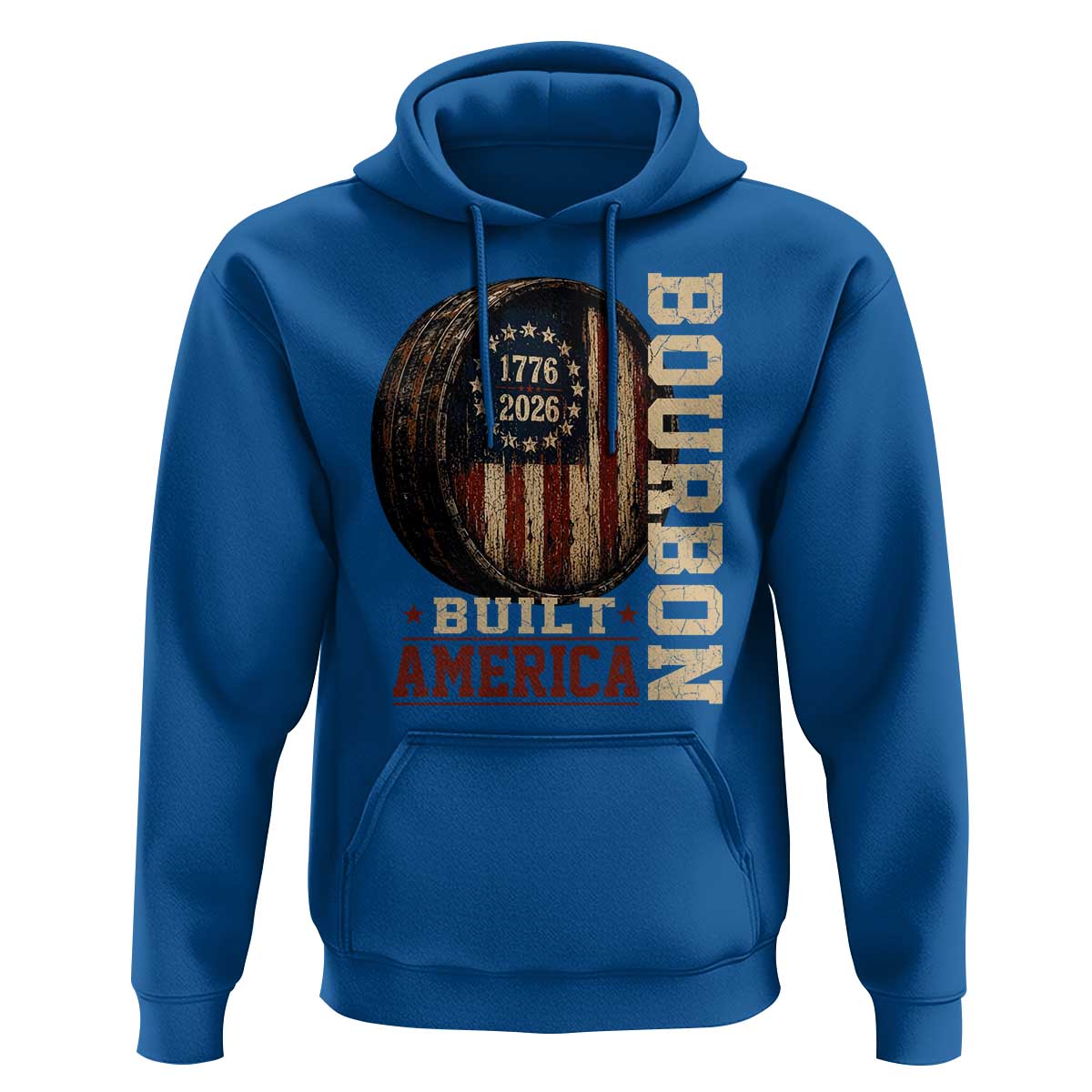 Bourbon Built America Vintage Distressed Graphic Hoodie American Flag Whiskey Barrel 1776 to 2026 Semiquincentennial Patriotic
