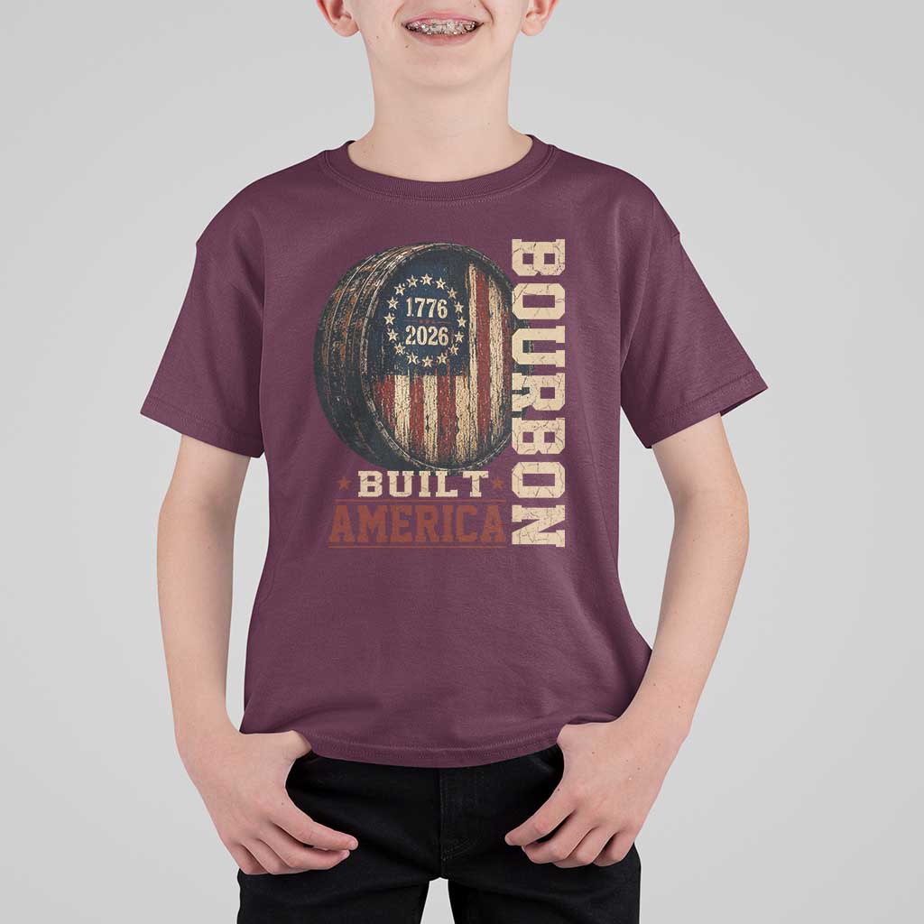 Bourbon Built America Vintage Distressed Graphic T Shirt For Kid American Flag Whiskey Barrel 1776 to 2026 Semiquincentennial Patriotic