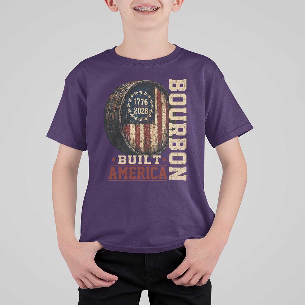 Bourbon Built America Vintage Distressed Graphic T Shirt For Kid American Flag Whiskey Barrel 1776 to 2026 Semiquincentennial Patriotic
