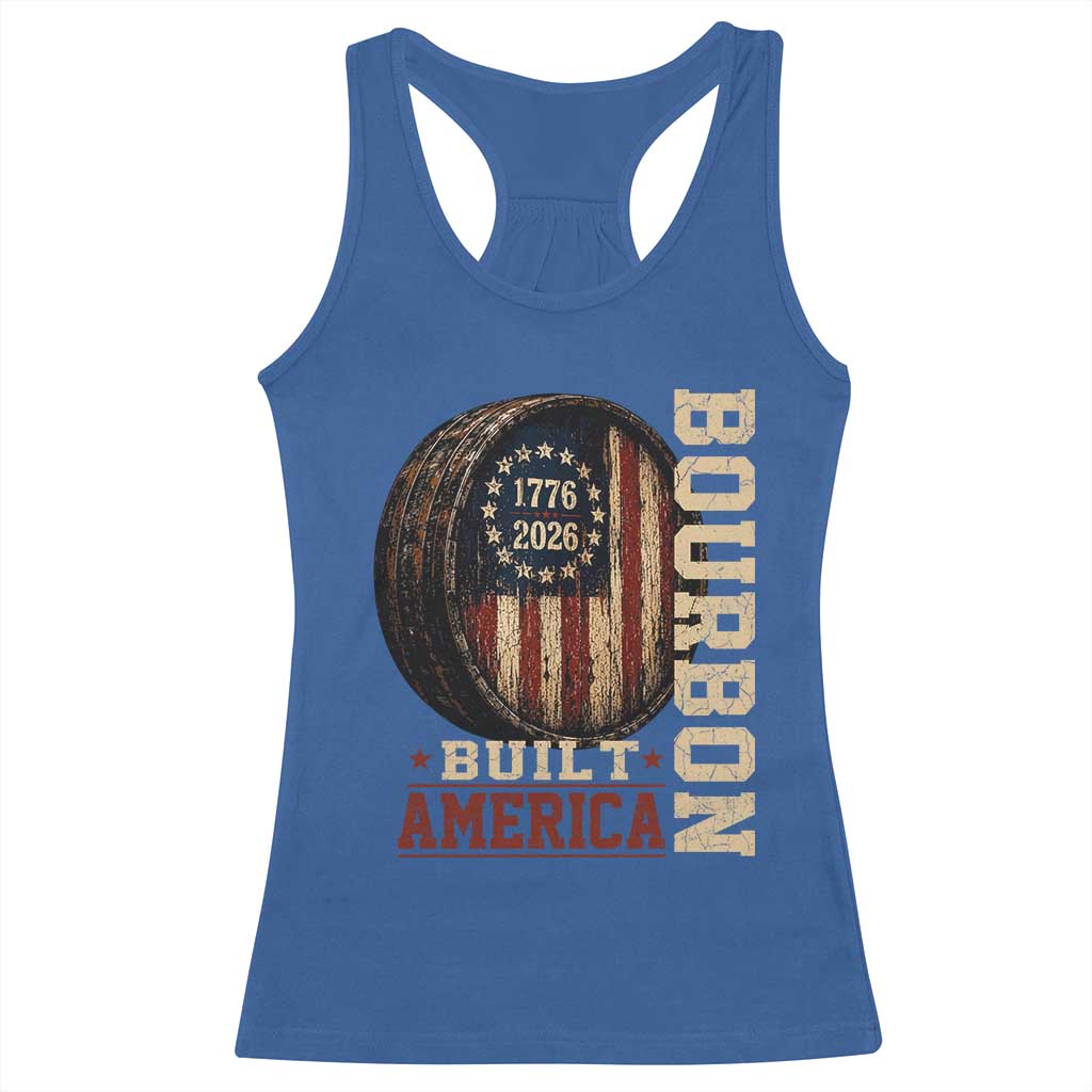 Bourbon Built America Vintage Distressed Graphic Racerback Tank Top American Flag Whiskey Barrel 1776 to 2026 Semiquincentennial Patriotic