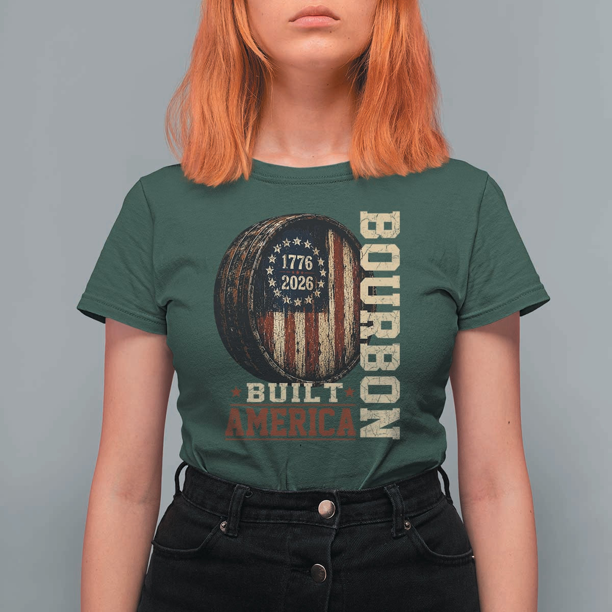 Bourbon Built America Vintage Distressed Graphic T Shirt For Women American Flag Whiskey Barrel 1776 to 2026 Semiquincentennial Patriotic